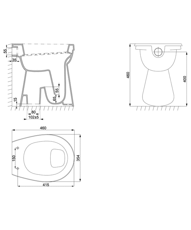 Xellanz verhoogde toiletpot AO glans wit - technische tekening | Schwertz & Co