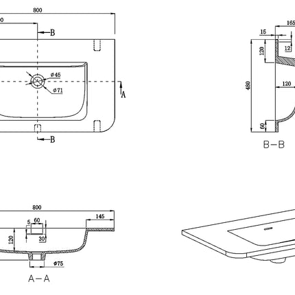 Wiesbaden Laro wastafel zonder kraangat solid surface mat wit 80 x 48 cm - technische tekening | Schwertz & Co