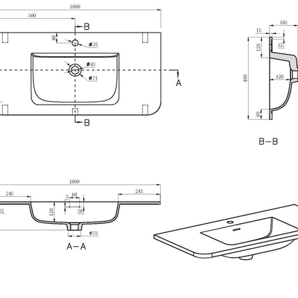 Wiesbaden Laro wastafel met kraangat solid surface beige - technische tekening | Schwertz & Co