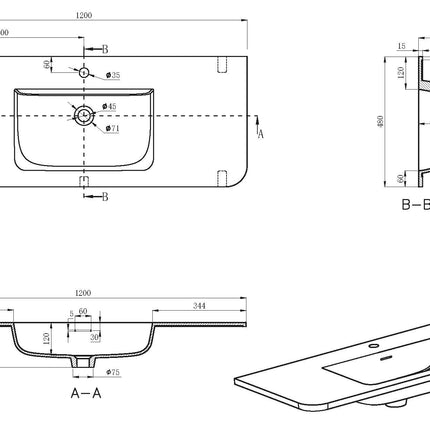 Wiesbaden Laro wastafel 120 x 48 cm beige met kraangat - technische tekening | Schwertz & Co