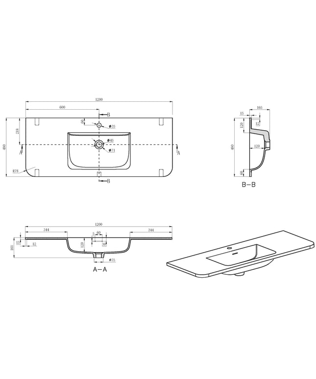 Wiesbaden Laro wastafel 120 x 48 cm beige met kraangat - technische tekening | Schwertz & Co