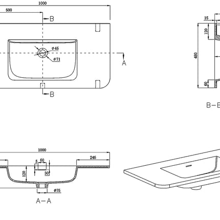 Wiesbaden Laro wastafel zonder kraangat solid surface beige - technische tekening | Schwertz & Co