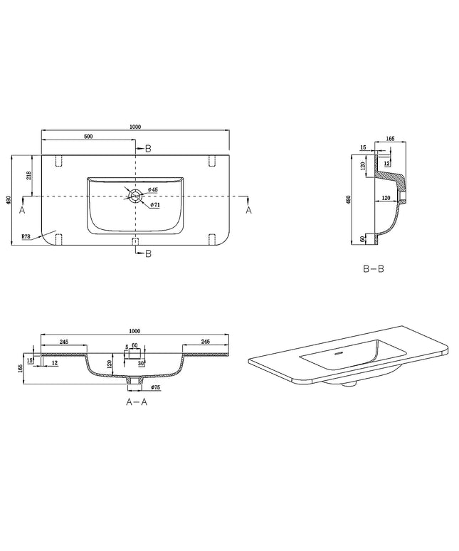 Wiesbaden Laro wastafel zonder kraangat solid surface beige - technische tekening | Schwertz & Co