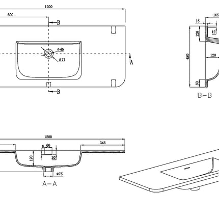 Wiesbaden Laro wastafel 120 x 48 cm beige zonder kraangat - technische tekening | Schwertz & Co