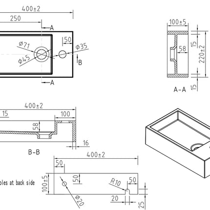 Wiesbaden Lotte fontein rechts 40 x 22 cm solid surface mat wit - technische tekening | Schwertz & Co