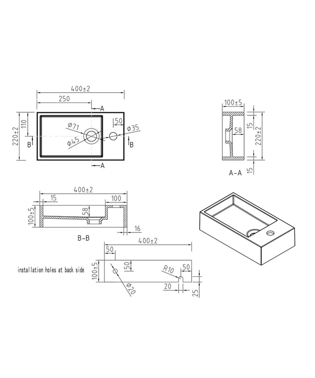 Wiesbaden Lotte fontein rechts 40 x 22 cm solid surface mat wit - technische tekening | Schwertz & Co
