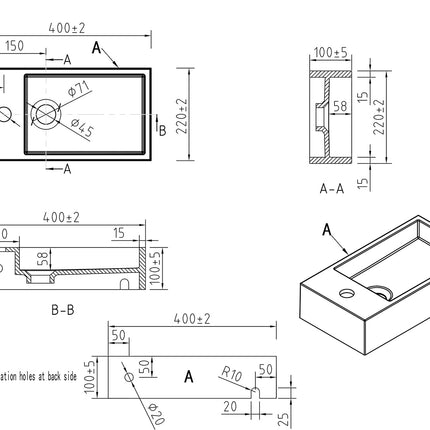 Wiesbaden Lotte fontein links 40 x 22 cm solid surface mat wit - technische tekening | Schwertz & Co