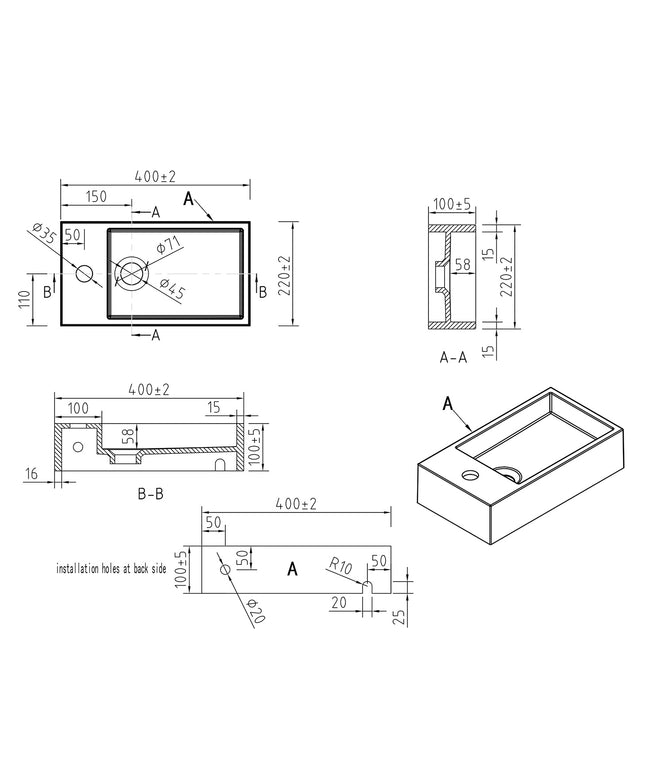 Wiesbaden Lotte fontein links 40 x 22 cm solid surface mat wit - technische tekening | Schwertz & Co