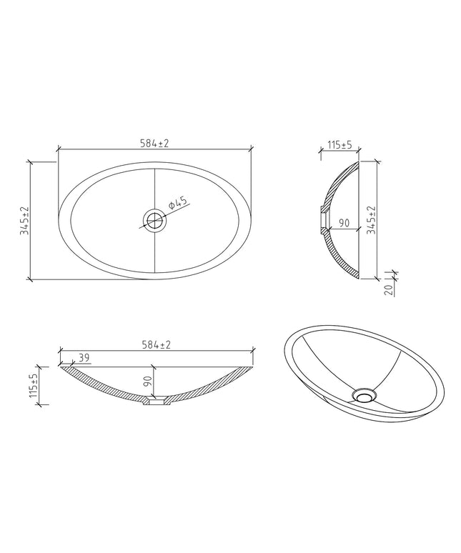 Wiesbaden Kim waskom ovaal 59 x 35 cm solid surface mat wit - technische tekening | Schwertz & Co