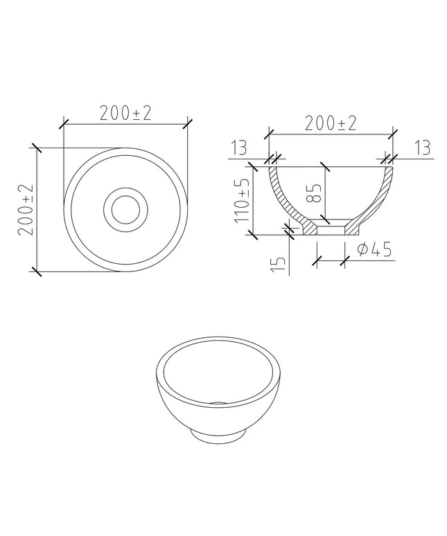 Wiesbaden Tessa waskom rond 20 x 11 cm mat wit - technische tekening | Schwertz & Co