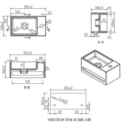 Wiesbaden Julia fontein rechts 35 x 20 cm solid surface mat wit - technische tekening | Schwertz & Co