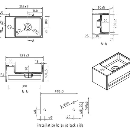 Wiesbaden Julia fontein links 35 x 20 cm solid surface mat wit - technische tekening | Schwertz & Co