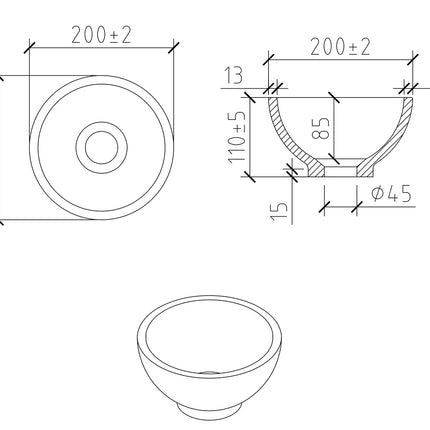 Wiesbaden Tessa opzetfontein rond 20 x 11 cm solid surface mat zwart - technische tekening | Schwertz & Co