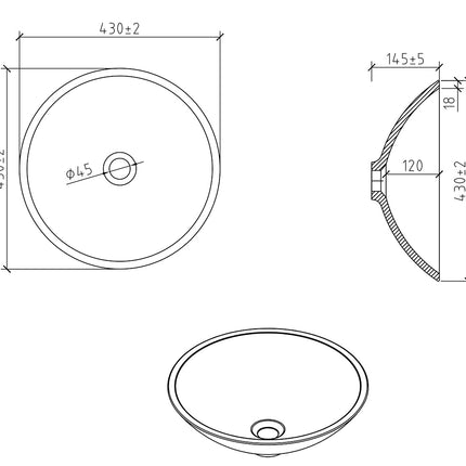Wiesbaden Valerie waskom rond betonlook - technische tekening | Schwertz & Co