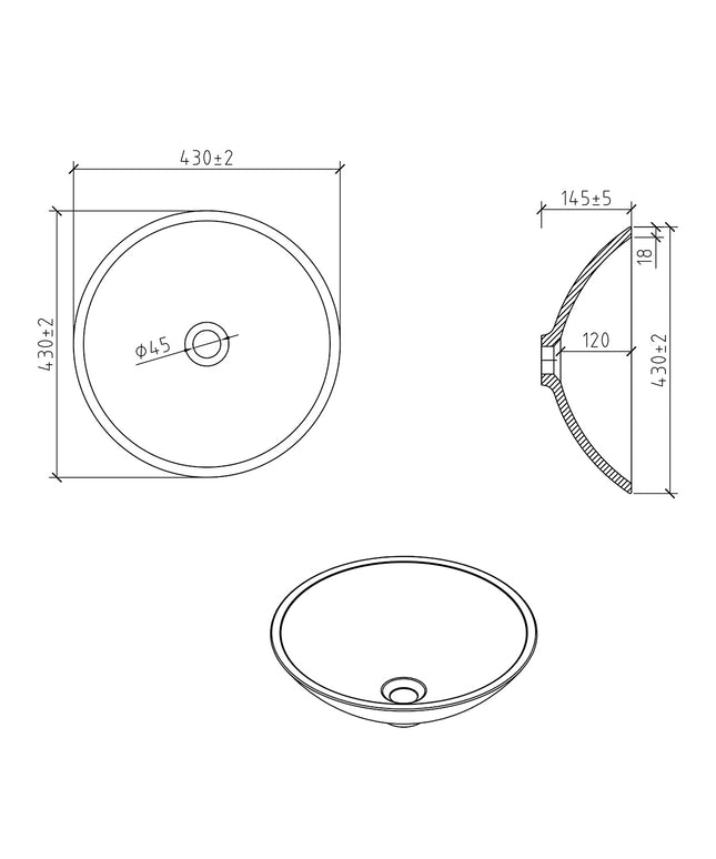 Wiesbaden Valerie waskom rond betonlook - technische tekening | Schwertz & Co