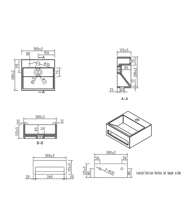 Wiesbaden Julia fontein 30 x 28 cm solid surface mat wit - technische tekening | Schwertz & Co