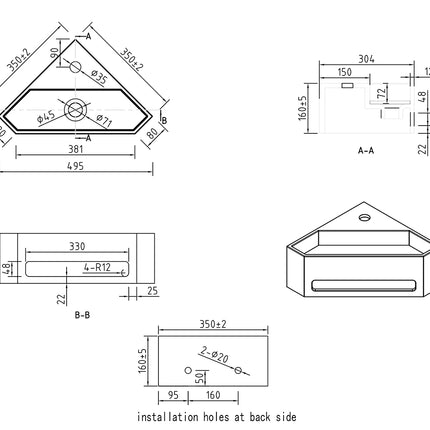 Wiesbaden Julia hoekfontein solid surface mat wit - technische tekening | Schwertz & Co