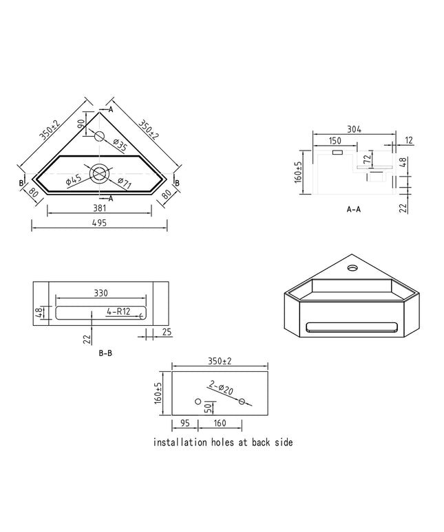 Wiesbaden Julia hoekfontein solid surface mat wit - technische tekening | Schwertz & Co