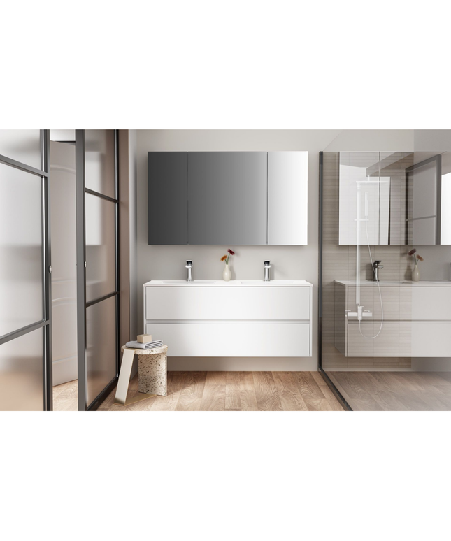 HAYAT spiegelkast – 3 asymmetrische enkelzijdige spiegeldeuren – 120x70x15 cm – Glanzend wit