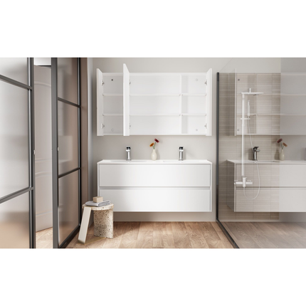 HAYAT spiegelkast – 3 asymmetrische enkelzijdige spiegeldeuren – 120x70x15 cm – Glanzend wit