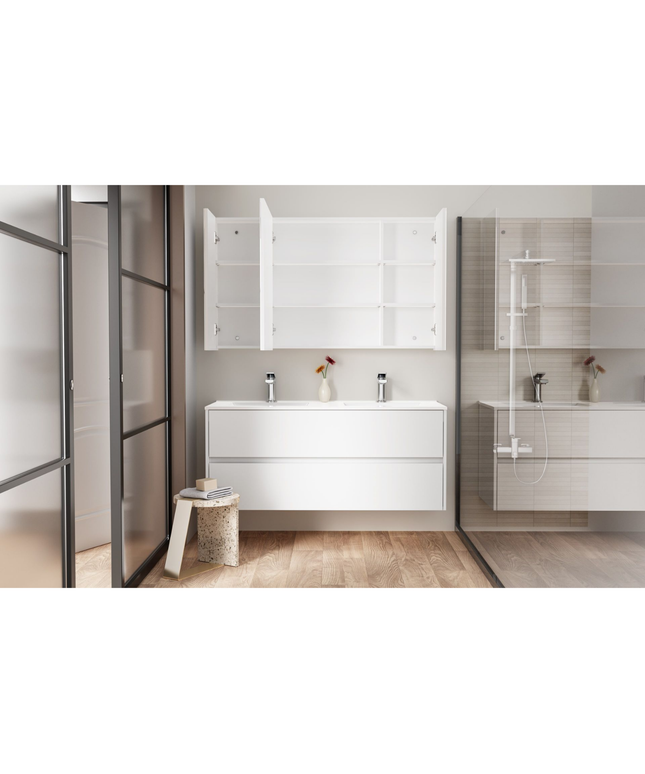 HAYAT spiegelkast – 3 asymmetrische enkelzijdige spiegeldeuren – 120x70x15 cm – Glanzend wit