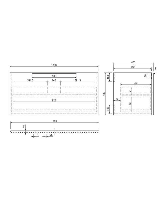 Xellanz Ribbella badmeubel compleet 100 cm naturel eik - technische tekening | Schwertz & Co