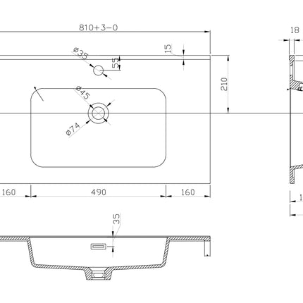 Xellanz Ribbella kunstmarmer wastafel 80 cm mat zwart - technische tekening 2 | Schwertz & Co