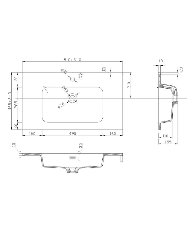 Xellanz Ribbella kunstmarmer wastafel 80 cm mat zwart - technische tekening 2 | Schwertz & Co