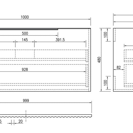 Xellanz Ribbella onderkast 100 x 45 cm naturel eik - technische tekening | Schwertz & Co