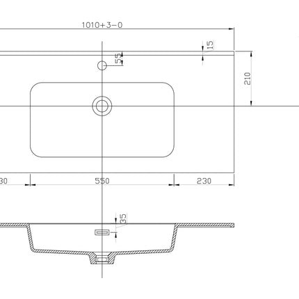 Xellanz Ribbella kunstmarmer wastafel 100 cm mat zwart - technische tekening 2 | Schwertz & Co