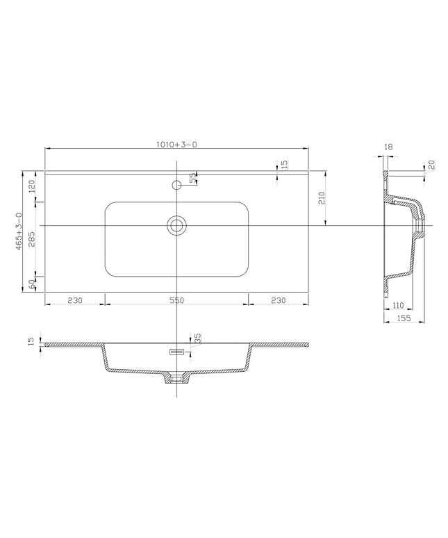 Xellanz Ribbella kunstmarmer wastafel 100 cm mat zwart - technische tekening 2 | Schwertz & Co