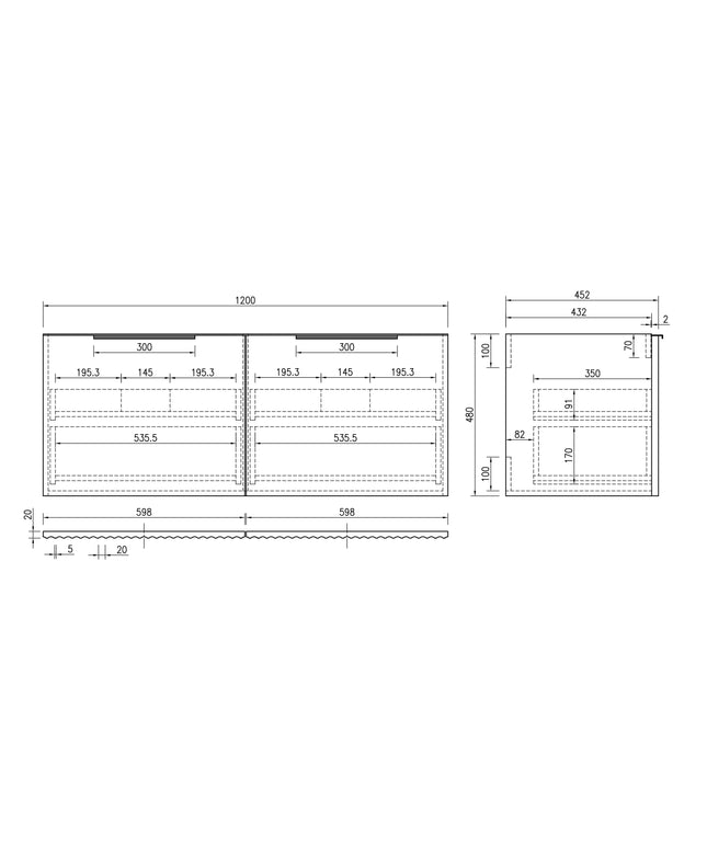 Xellanz Ribbella onderkast 120 x 45 cm naturel eik - technische tekening | Schwertz & Co