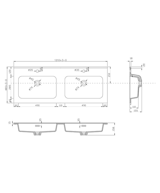 Xellanz Ribbella wastafel 120 cm kunstmarmer mat zwart - technische tekening 2 | Schwertz & Co