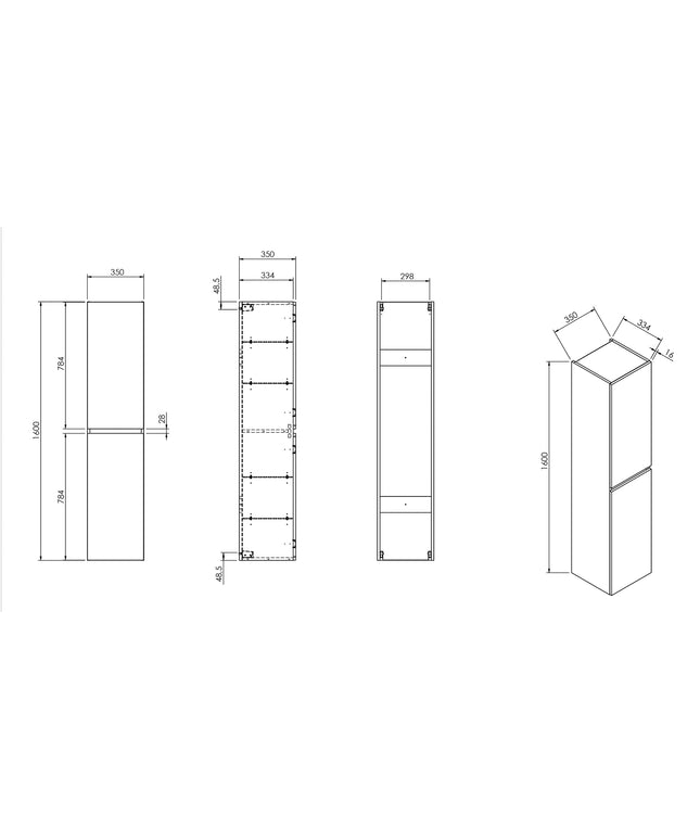 Wiesbaden Alvara kolomkast 160 x 35 x 35 cm mat zwart - technische tekening | Schwertz & Co