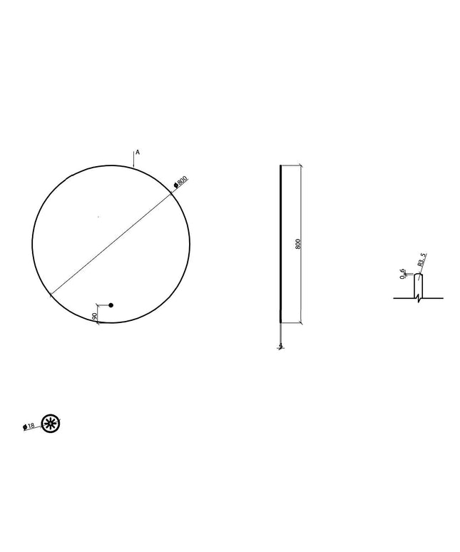 Wiesbaden Novi ronde LED spiegel 80 cm mat zwart - technische tekening | Schwertz & Co