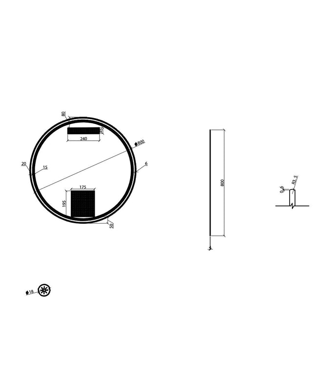 Wiesbaden - Badkamerspiegel - Novi spiegel rond met LED, dimbaar 80 cm mat zwart - technische tekening