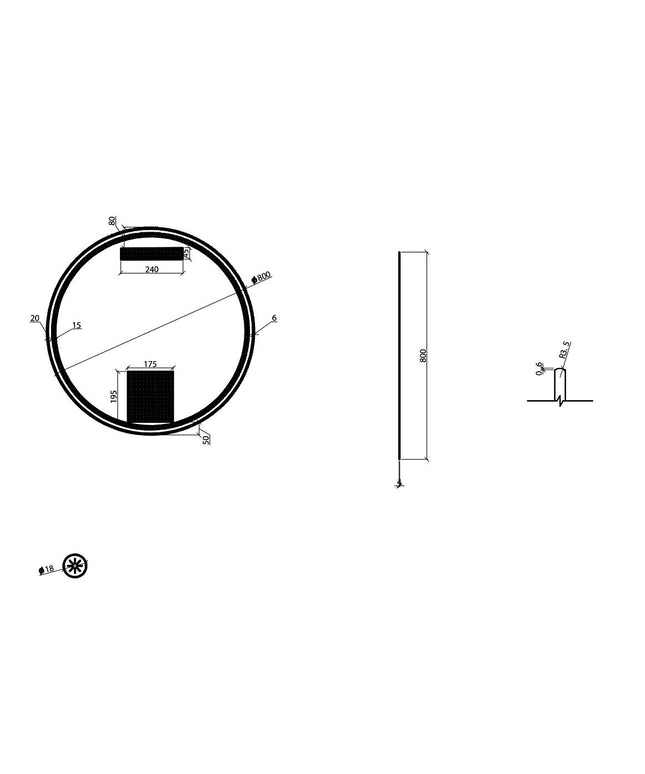 Wiesbaden - Badkamerspiegel - Novi spiegel rond met LED, dimbaar 80 cm geborsteld messing - technische tekening