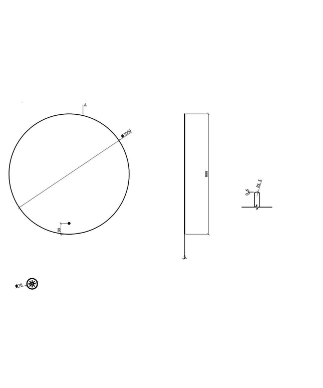 Wiesbaden Novi badkamerspiegel rond 100 cm mat zwart - technische tekening | Schwertz & Co