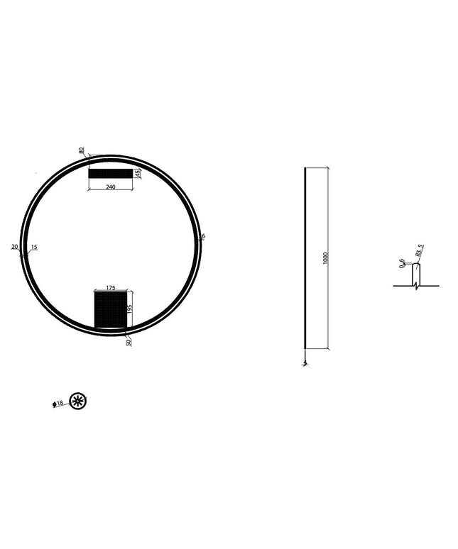 Wiesbaden - Badkamerspiegel - Novi spiegel rond met LED, dimbaar 100 cm mat zwart - technische tekening