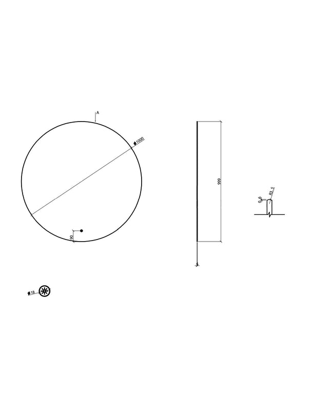 Wiesbaden Novi badkamerspiegel rond 100 cm geborsteld messing - technische tekening | Schwertz & Co