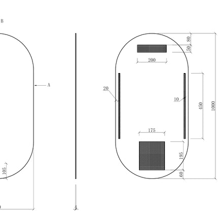Wiesbaden Lumia spiegel ovaal met LED - technische tekening | Schwertz & Co