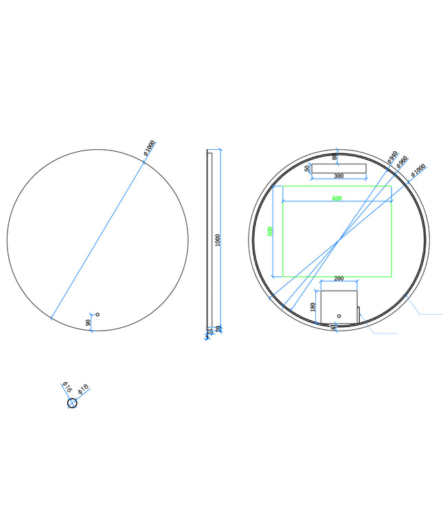 Xellanz Giro ronde spiegel met spiegelverwarming 100 cm - technische tekening | Schwertz & Co