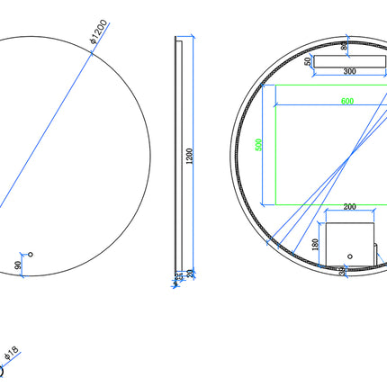 Xellanz Giro ronde spiegel met spiegelverwarming 120 cm - technische tekening | Schwertz & Co