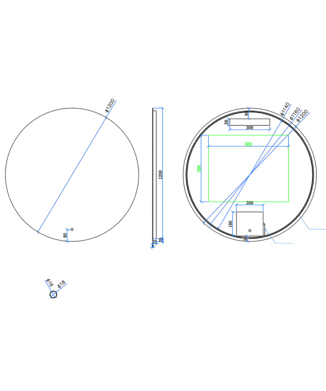 Xellanz Giro ronde spiegel met spiegelverwarming 120 cm - technische tekening | Schwertz & Co