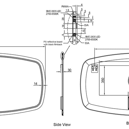 Maattekening Wiesbaden Lumora spiegel rond met LED dimbaar en spiegelverwarming 140 x 74 cm | Schwertz & Co