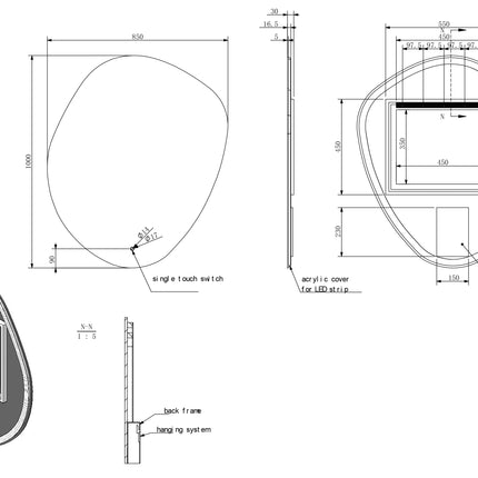 Wiesbaden Ellva LED spiegel organisch 85 x 100 cm - technische tekening | Schwertz & Co