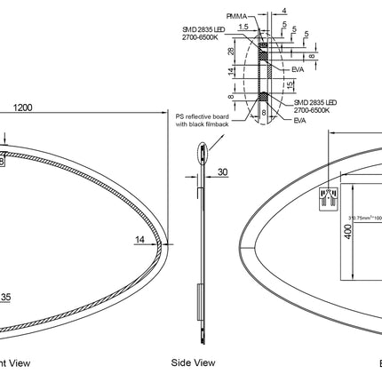 Maattekening Wiesbaden Lumora spiegel organisch met LED dimbaar en spiegelverwarming 120 x 80 cm | Schwertz & Co
