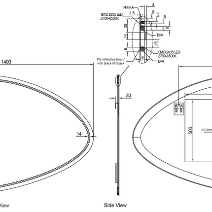 Maattekening Wiesbaden Lumora spiegel organisch met LED dimbaar en spiegelverwarming 140 x 93 cm | Schwertz & Co