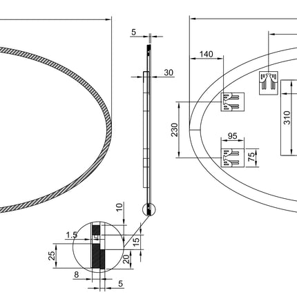 Maattekening Wiesbaden Oliva spiegel ovaal met LED dimbaar en spiegelverwarming 120 x 70 cm | Schwertz & Co