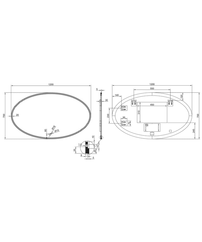 Maattekening Wiesbaden Oliva spiegel ovaal met LED dimbaar en spiegelverwarming 120 x 70 cm | Schwertz & Co